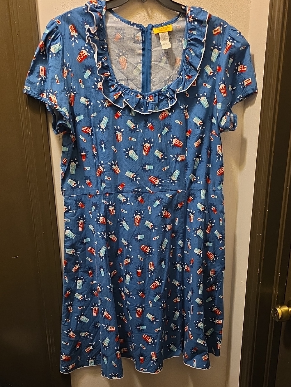 Bernie Dexter Blue Popcorn & Tickets Ruffle Neck Casual Dress. NWOT